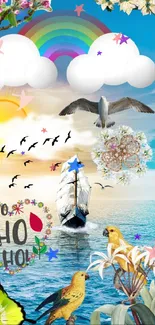 Vibrant nature-themed wallpaper with ocean, rainbow, and birds.