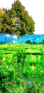 Vibrant green landscape with colorful sparkles and a serene tree.