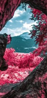 Vibrant pink and blue landscape with trees and mountain view.