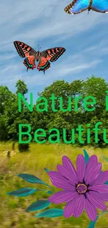 Vibrant nature wallpaper with butterflies and greenery under a blue sky.