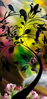 Colorful silhouette tree with birds on a vibrant nature-themed wallpaper.