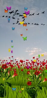 Colorful butterflies and birds above a flower field under a bright sky.