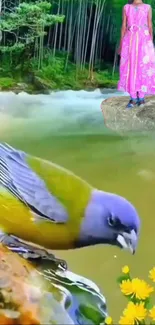 Vibrant nature scene with bird, river, and flowers.