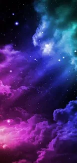 Colorful nebula with purple, blue, and green hues for a mobile wallpaper.