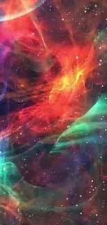 Colorful nebula space wallpaper with red, blue, and green hues.