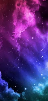 Vibrant purple and blue nebula wallpaper for mobile devices.