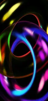 Colorful neon abstract art with flowing patterns on black background.