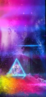 Colorful neon abstract wallpaper with triangle design.