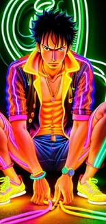 Anime character in vibrant neon colors, crouching in an artistic style.