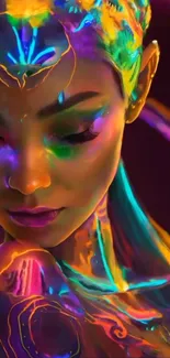 Vibrant neon art portrait with surreal colors.
