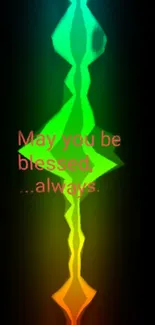 Vibrant neon green and orange lines with blessing message on black background.