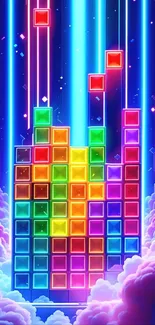 Colorful neon block pattern wallpaper with vibrant hues.