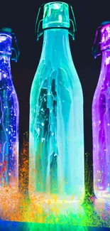 Neon bottles art with vibrant blue, purple, and orange hues.