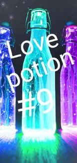 Three glowing neon bottles with Love Potion text on dark background.