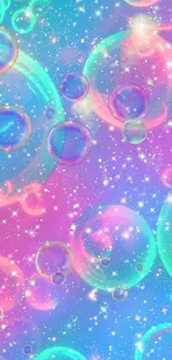 Vibrant neon bubble wallpaper with sparkling effects and cosmic colors.