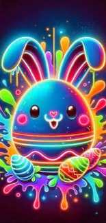 Colorful neon bunny with abstract design splashes.