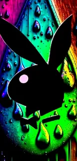 Colorful neon bunny with abstract droplets background.