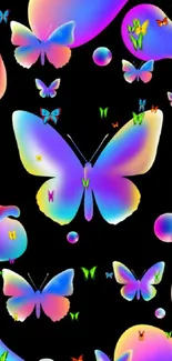 Neon gradient butterflies on black wallpaper.