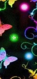 Vibrant neon butterflies with floral patterns on a black background.