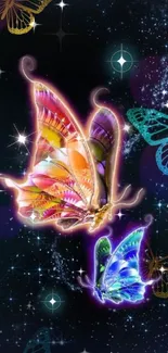 Vibrant neon butterflies against a starry, glowing night sky in a colorful wallpaper.