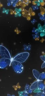 Vibrant neon butterflies on a dark background wallpaper.