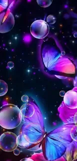 Vibrant neon butterflies with bubbles against a starry background.