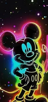 Neon cartoon character with vibrant colors on a black background.