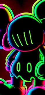 Colorful neon cartoon character on black background.