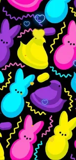 Vibrant neon cartoon characters on black background.