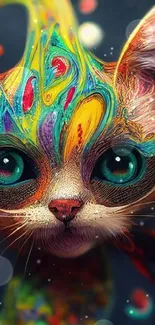 Colorful neon cat with psychedelic art design in vibrant hues.