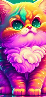 Colorful neon cat art with vibrant hues of orange and pink for phone wallpaper.