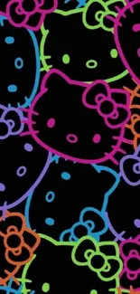 Colorful neon Hello Kitty faces on a black background.