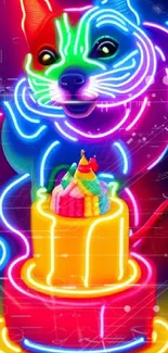 Vibrant neon cat on a colorful cake background.