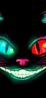 Neon cat with colorful glowing eyes, vivid mobile wallpaper.