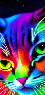 Vibrant neon cat with rainbow colors and striking green eyes.