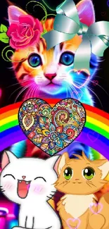 Colorful neon cat with bow, rainbow, and floral heart pattern.