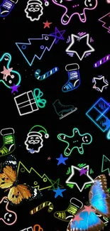 Colorful neon Christmas wallpaper with butterflies and festive icons.