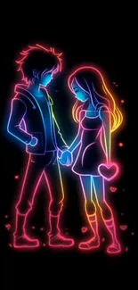 Vibrant neon couple holding hands art on a black background.