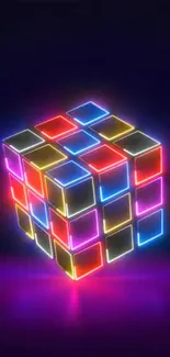 Vibrant neon cube glowing in colorful shades on dark background.