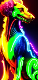 Vibrant neon artwork of a colorful dog sitting on a dark background.