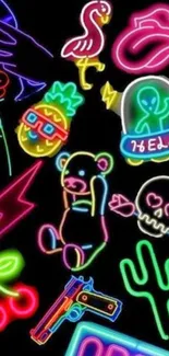 Colorful neon doodle wallpaper on black background.