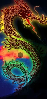 Vibrant neon dragon on a dark cosmic background with colorful highlights.