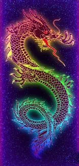 Colorful neon dragon on a dark background, vibrant and eye-catching.