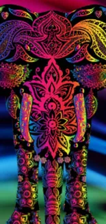 Vibrant neon elephant art with intricate psychedelic patterns.