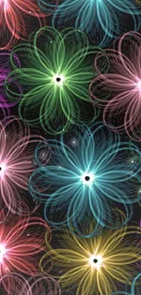 Colorful neon floral wallpaper with black background.