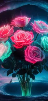 Vibrant neon roses art with pink and teal hues.