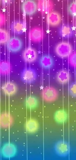 Vibrant neon flowers on dark gradient background.