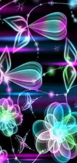 Vibrant neon abstract flower art wallpaper.