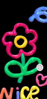 Vibrant neon flower art on black background for mobile.