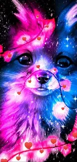 Colorful neon fox with hearts in pink and blue tones.